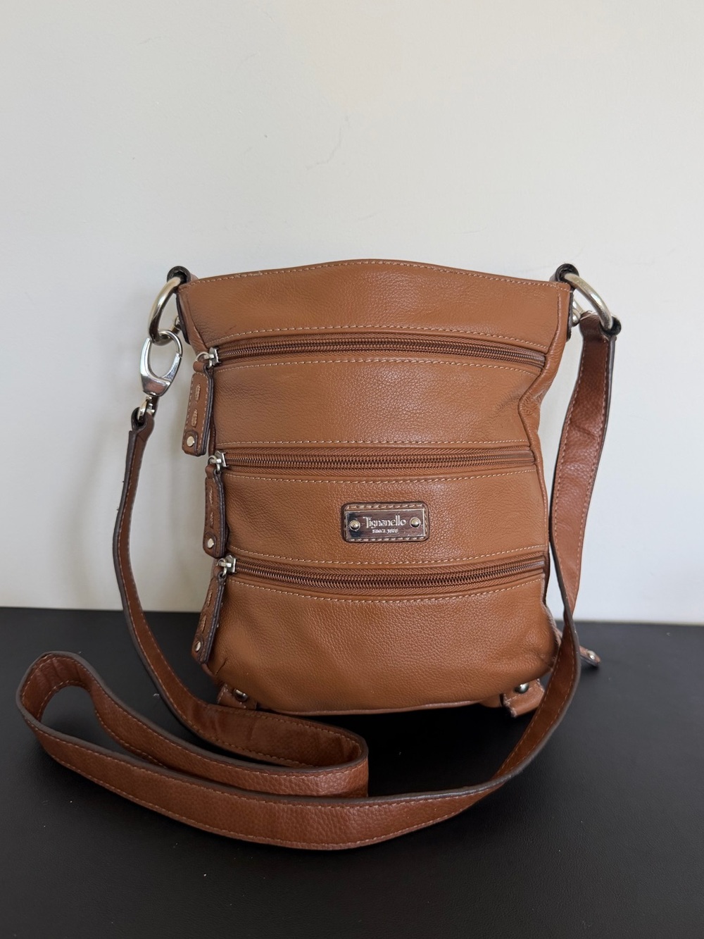 Tignanello Brown Pebbled Leather Multi Pocket Crossbody Bag